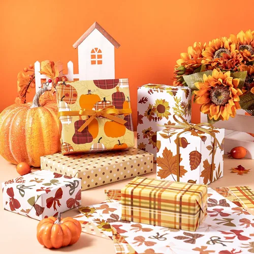 Vista 3 de RUSPEPA Hojas de papel de regalo de otoño, diseño de calabaza, girasol, hojas y cuadros, papel de regalo para Acción de Gracias, cumpleaños, regalos