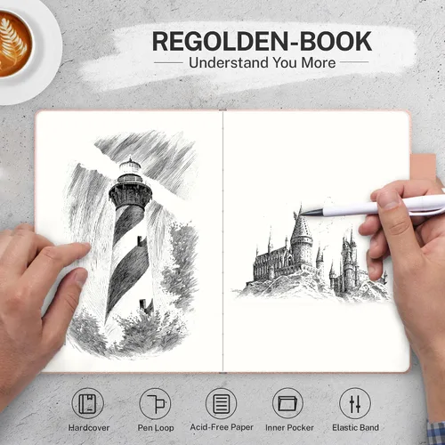 Vista 2 de Regolden-Book Diario en blanco de tapa dura, tamaño A5, diarios de papel grueso en blanco con soporte para bolígrafo para mujeres y hombres