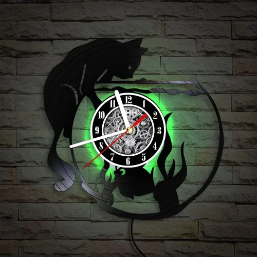 Vista 5 de The Geeky Days Reloj de pared con iluminación LED de gato negro con pecera, lámpara de noche para guardería, habitación de niños, gatito juguetón
