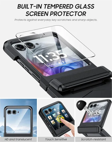 Vista 3 de Vizvera para Motorola Razr 2024 - Funda con tapa con bisagra, protector de pantalla incorporado, a prueba de golpes, funda todo en uno para Negro