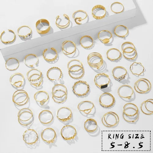 Vista 6 de IFKM Juego de 51 anillos dorados para nudillos para mujeres y niñas, vintage, apilables, anillos midi, delicados, circonita cúbica, cristal, simple