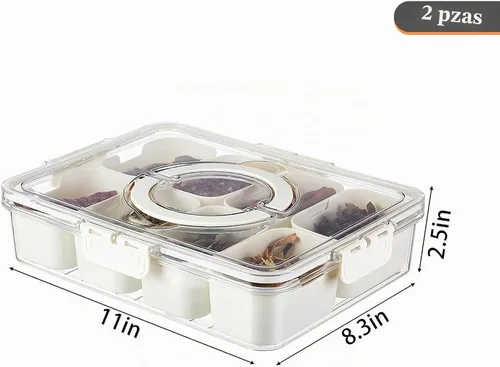 Vista 5 de Paquete de 2 Cajas Snackle con Asa para Bandeja de Servir Alimentos Plato de Aperitivos con Tapas Contenedor Apilable de Frutas y Verduras con 8