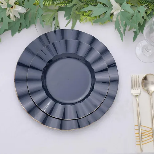 Vista 31 de Tableclothsfactory Paquete de 10 platos redondos de plástico negro de 6 pulgadas para ensalada de postre, platos desechables con borde ondulado