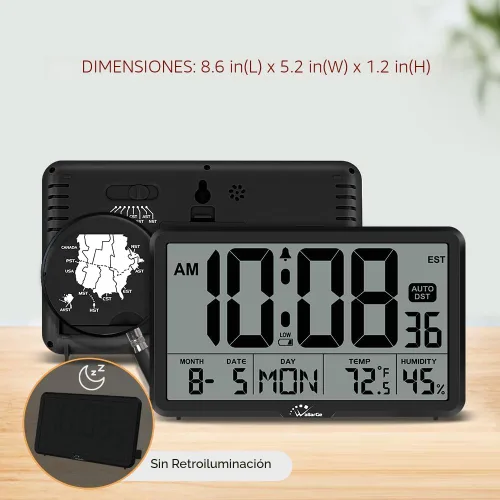 Vista 7 de WallarGe Reloj de pared digital de ajuste automático, funciona con pilas, relojes de escritorio con temperatura, humedad y fecha, reloj despertador