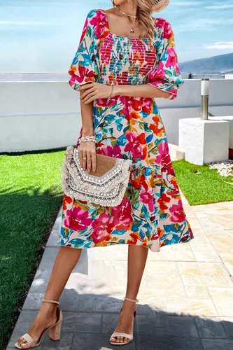 Vista 3 de PRETTYGARDEN - Vestidos informales de verano y primavera para mujer, manga abombada, cuello cuadrado, acampanados, bohemios, florales, fruncidos