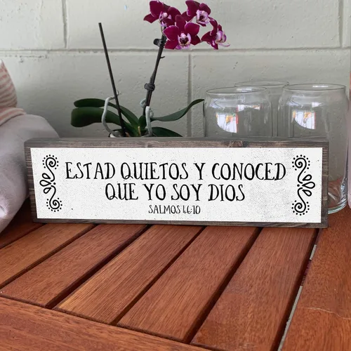 Vista 9 de Estad Quietos Y Conoced Que Yo Soy Dios – Versículo de la Biblia en Español – mensajes cristianos para decorar - Letrero de metal y madera