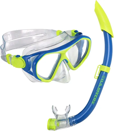 Vista 2 de U.S. Divers Dorado II - Máscara juvenil, aletas ProFlex, juego juvenil de esnórquel Seabreeze DX, aletas grandes para niños de 5 a 8, azul/amarillo