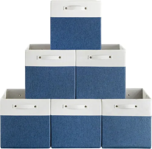 Vista 10 de FinishingBo Contenedores de almacenamiento de lino fino de 13 x 13 pulgadas con asas, cajas de cubo de tela, organizadores de cestas para estantes