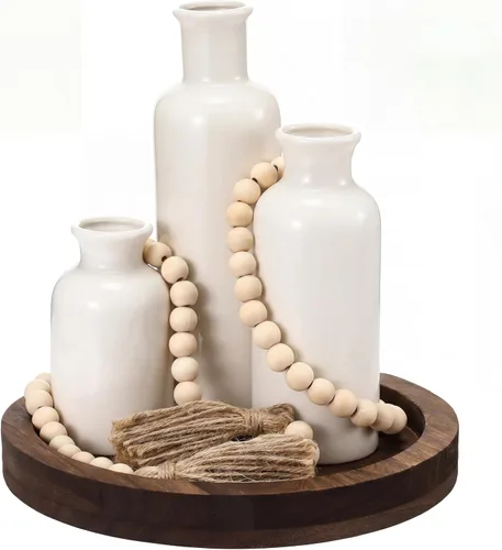 Vista 9 de Juego de 5 piezas de centros de mesa rústicos de mesa, juego de 3 jarrones de cerámica boho con bandeja de madera para servir cuentas de madera