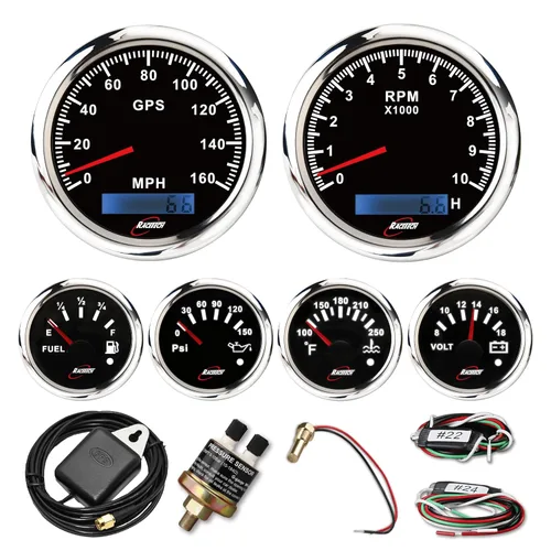 Vista 13 de RACETECH Juego de 6 instrumentos – Velocímetro GPS de 85mm (3-3/8") 120 MPH y Tacómetro 8000 RPM – 90° 52mm (2-1/16") Medidores de combustible, Negro