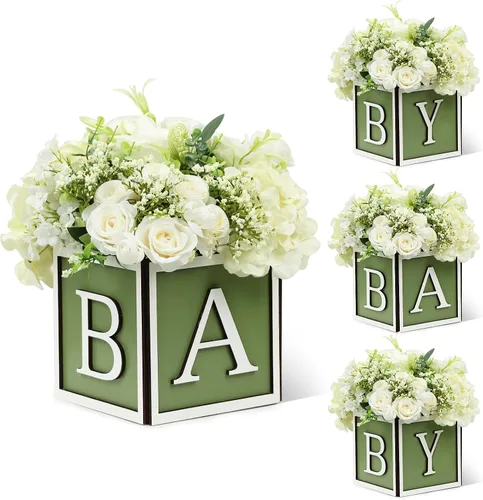Vista 17 de Juego de 4 centros de mesa de baby shower para mesas, cajas de madera de 6 pulgadas con letras de bebé, cubos rústicos, bloques de madera para Rosa