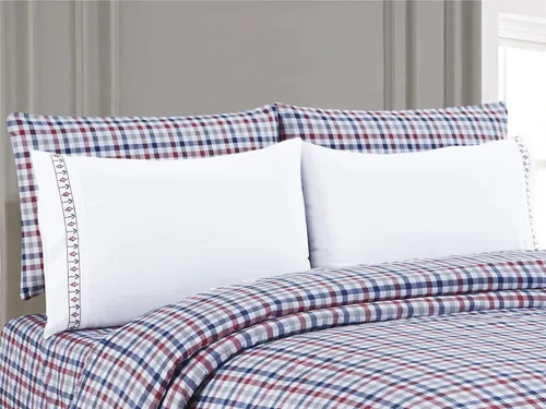 Vista 2 de Juego de sábanas estampadas de 6 piezas con fundas de almohada bordadas, cuadros de búfalo (completo)