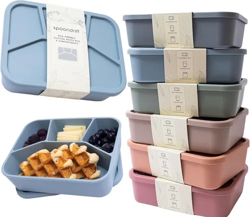 Vista 8 de Spoondrift Lonchera Bento de silicona 100% ecológica de grado alimenticio, a prueba de fugas, para niños y adultos, 4 compartimentos, elige entre 6