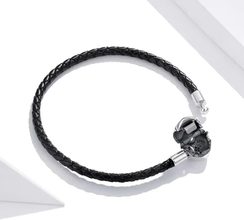 Vista 2 de Pulsera tejida de cuero negro auténtico con plata de ley 925 con cierre de cruz de corazón para cuentas Pandora