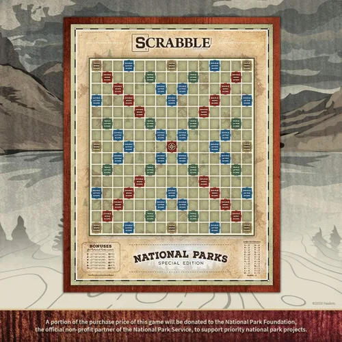 Vista 7 de USAOPOLY Scrabble: Parques Nacionales A partir de 8 años 2-4 jugadores 1 juego, marrón equipo de juego de césped