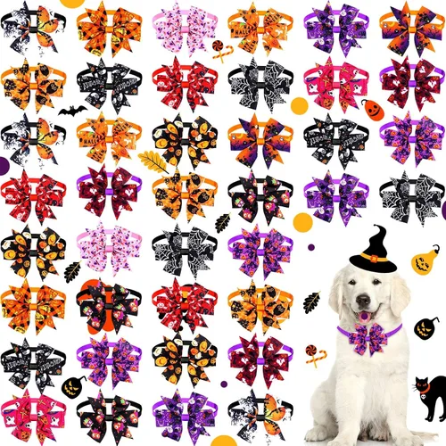 Vista 8 de Maitys 40 corbatines de Halloween para perros y gatos, collares básicos de corbatín para cachorros, accesorios para el cuello de gatito, accesorios
