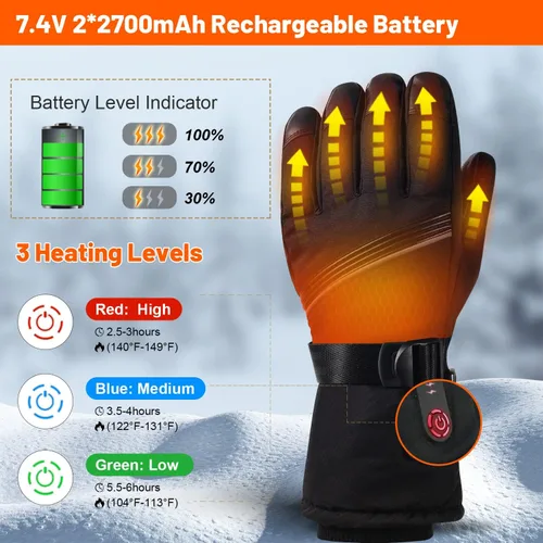 Vista 3 de Guantes calefactables, guantes térmicos para hombres y mujeres, guantes eléctricos recargables, impermeables, calentadores de manos, guantes