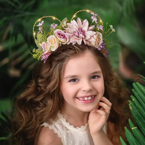 Vista 3 de Diadema LED con orejas de ratón y flores, corona para adultos, mujeres y niñas, para parque de adultos, orejas de ratón iluminadas, para temática