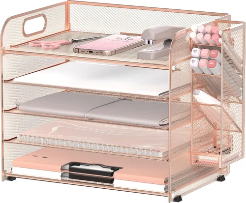 Vista 10 de SUPEASY Organizador de escritorio de 5 niveles con asa y soportes extraíbles para bolígrafos, organizador de papel de malla/archivos para Negro