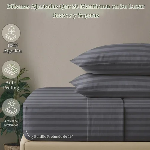 Vista 5 de Threadmill Juego de ropa de cama de algodón de lujo de 500 hilos de 4 piezas, sábanas suaves y sedosas de color gris oscuro con bolsillo profundo