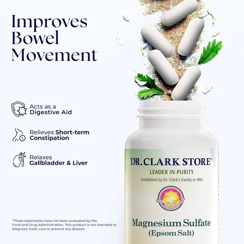 Vista 5 de Dr Clark Store Sulfato de magnesio USP (sal de Epsom) 1030 mg, 100 cápsulas de gelatina para apoyo digestivo diario, alivio ocasional