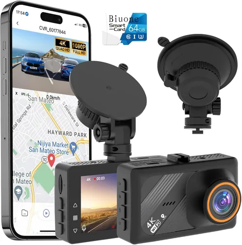 Vista 15 de Cámara frontal para automóvil con WiFi integrado y control de aplicación, cámara de tablero 4K con tarjeta gratuita de 32 GB, cámara de tablero