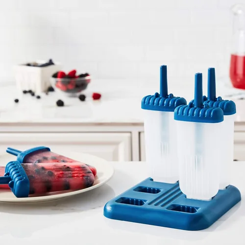 Vista 4 de Tovolo Groovy - Juego de 6 moldes para paletas congeladas caseras, moldes reutilizables para paletas con palos y protector de goteo, aptos para Azul