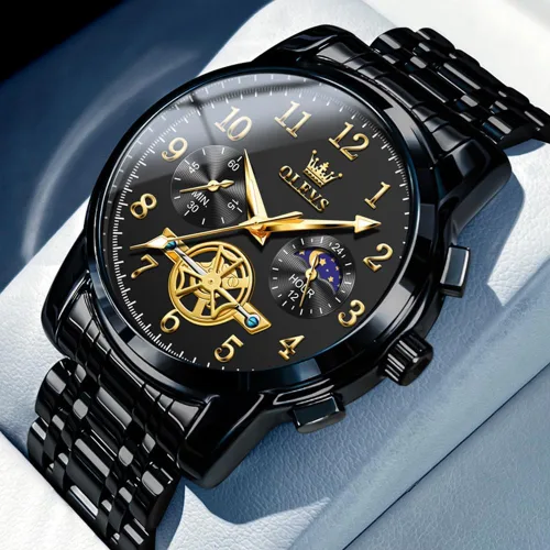 Vista 6 de OUPINKE Reloj para hombre analógico de cuarzo de acero inoxidable, impermeable, luminoso, fase lunar, cronógrafo, vestido de negocios de lujo