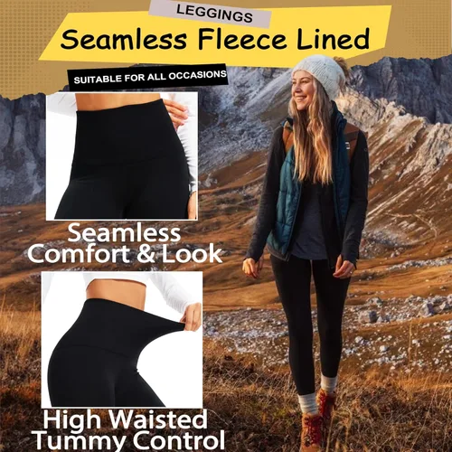 Vista 4 de Hi Clasmix Leggings con forro polar para mujer, sin costuras, térmicos, de cintura alta, control de abdomen, pantalones de yoga gruesos y cálidos