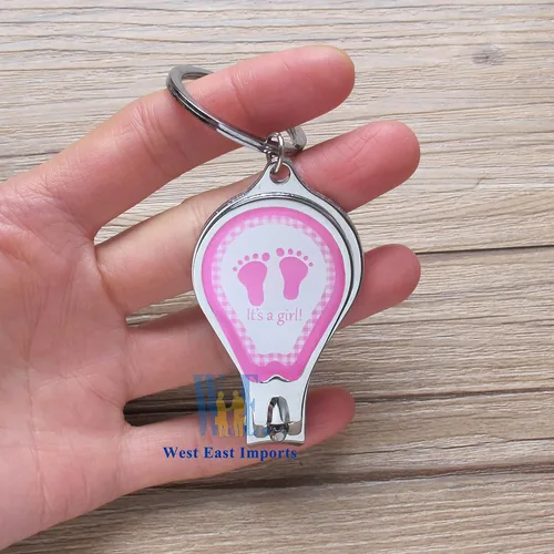 Vista 6 de Baby Shower personalizado (12 piezas) llavero rosa niña favores/cortauñas y abridor de botellas/grabado láser personalizado regalo (huella)