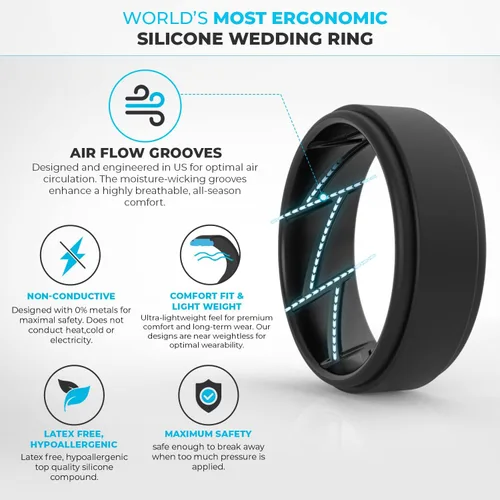 Vista 2 de ThunderFit - Anillos de boda y compromiso de silicón transpirable para hombre con ranuras internas de ventilación, diseño elegante de borde