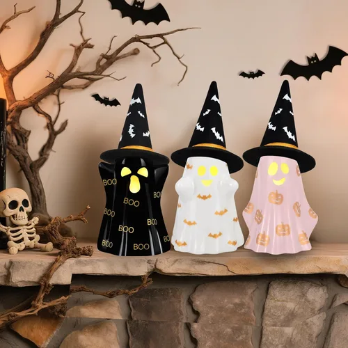 Vista 5 de Decoraciones de Halloween para interiores, juego de 3 fantasmas de cerámica de Halloween con sombreros de bruja, bonita decoración espeluznante