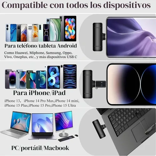 Vista 3 de 2 micrófonos de solapa inalámbricos 3 en 1 para iPhone, iPad, USB C, Android, portátil, con estuche de carga, clip en la solapa, mini micrófono
