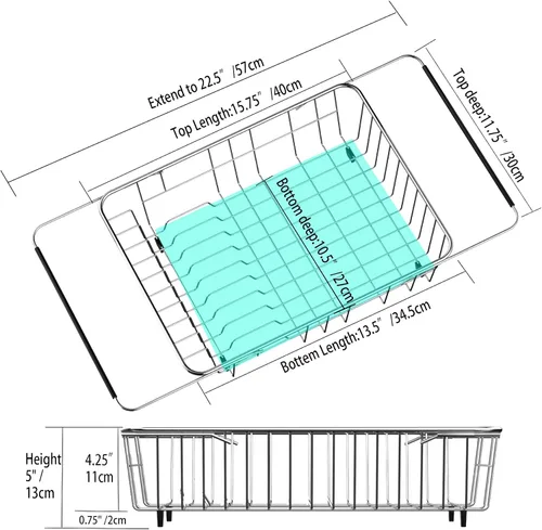 Vista 2 de SANNO - Escurreplatos para secar platos, estante grande para platos ajustable con escurridor profundo y soporte extraíble para cubiertos, estante