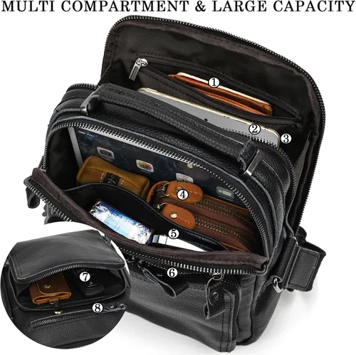 Vista 3 de Bolso pequeño de cuero para hombre, bandolera de cuero genuino y bolsa de hombro para hombres, bolsillos con cremallera, bolso de mano para hombre