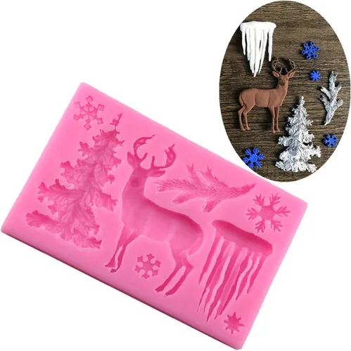 Vista 3 de Moldes de silicona con diseño de copos de nieve de alces 3D para fondant de alce rosa chocolate, molde de silicona de Navidad para decoraciones