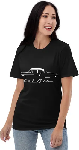 Vista 3 de JG Infinite 1955 Chevy 55 Belair Bel Air Outline Antique American Collector Car Camiseta unisex de manga corta Negro
