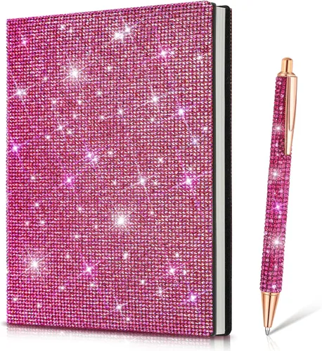 Vista 7 de Kosiz Juego de 2 bolígrafos de diamantes de imitación, bolígrafos de cristal, cuaderno plateado brillante A5, accesorios de oficina, suministros