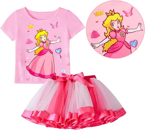 Vista 3 de YODISON Princess Peach Costume Set for Girls, Super Bros Dress Outfit Cosplay Halloween Party