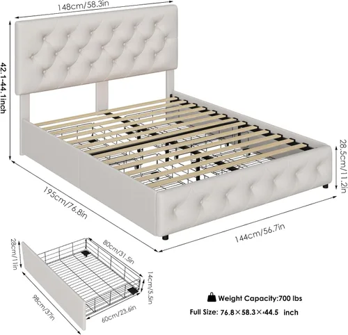 Vista 2 de TTVIEW Base de cama de tamaño matrimonial con 4 cajones de almacenamiento y cabecera ajustable, plataforma tapizada con diseño capitoné, soporte