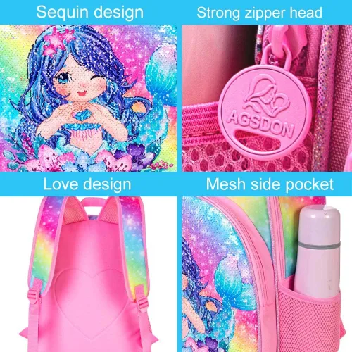 Vista 4 de CCJPX Mochila de 3 piezas para niñas, 16 pulgadas con lentejuelas y unicornio para niños y lonchera para jardín de infantes, Classic