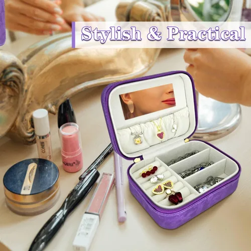 Vista 5 de Organizador de joyas de viaje, regalo para mujeres y niñas, caja de joyería de viaje grande portátil, estuche de joyería de viaje morado