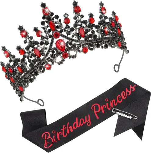 Vista 14 de CAVETEE Corona y banda de princesa de cumpleaños, corona de cumpleaños con banda de purpurina para decoraciones de fiesta de princesa para mujer Oro