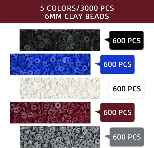 Vista 2 de Amaney - 3000 cuentas Heishi de 0.236 pulgadas, cuentas de arcilla polimérica, 5 colores, negro, azul, blanco, rojo Glay