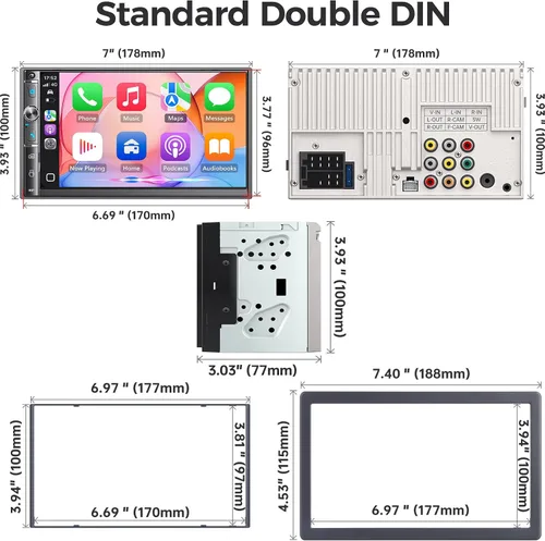 Vista 7 de Estéreo de auto de doble DIN de 7 pulgadas, Apple Carplay inalámbrico y Android Auto, pantalla táctil HD, Bluetooth, 240W, SWC, salida de subwoofer