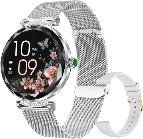 Vista 8 de Reloj inteligente para mujer Android/iOS, IP68, impermeable, con llamadas Bluetooth, recordatorio menstrual femenino (2 correas doradas)