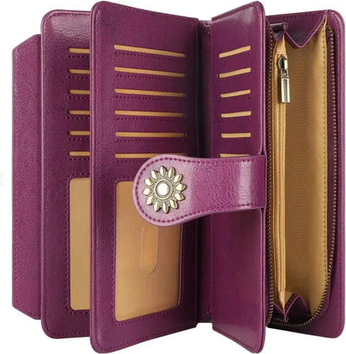 Vista 5 de Lavemi Carteras de cuero genuino de gran capacidad con bloqueo RFID para mujer, tarjetero con correa para la muñeca