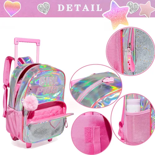 Vista 4 de HTgroce Mochila con ruedas para niñas, mochila escolar con ruedas, bolsa escolar con bolsa de almuerzo y bolsa para lápices, mochila con ruedas