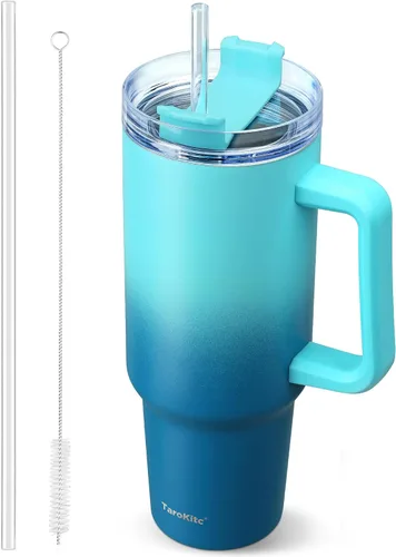 Vista 15 de TaroKitc Vaso de 30 onzas con asa y popote abatible, botella de agua aislada al vacío de triple pared, taza de viaje reutilizable a prueba de fugas