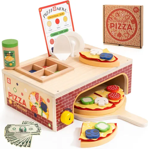 Vista 10 de WOODMAM Montessori - Juego de juguetes de pizza, comida realista con caja de horno, juguetes educativos de aprendizaje para niños en edad preescolar